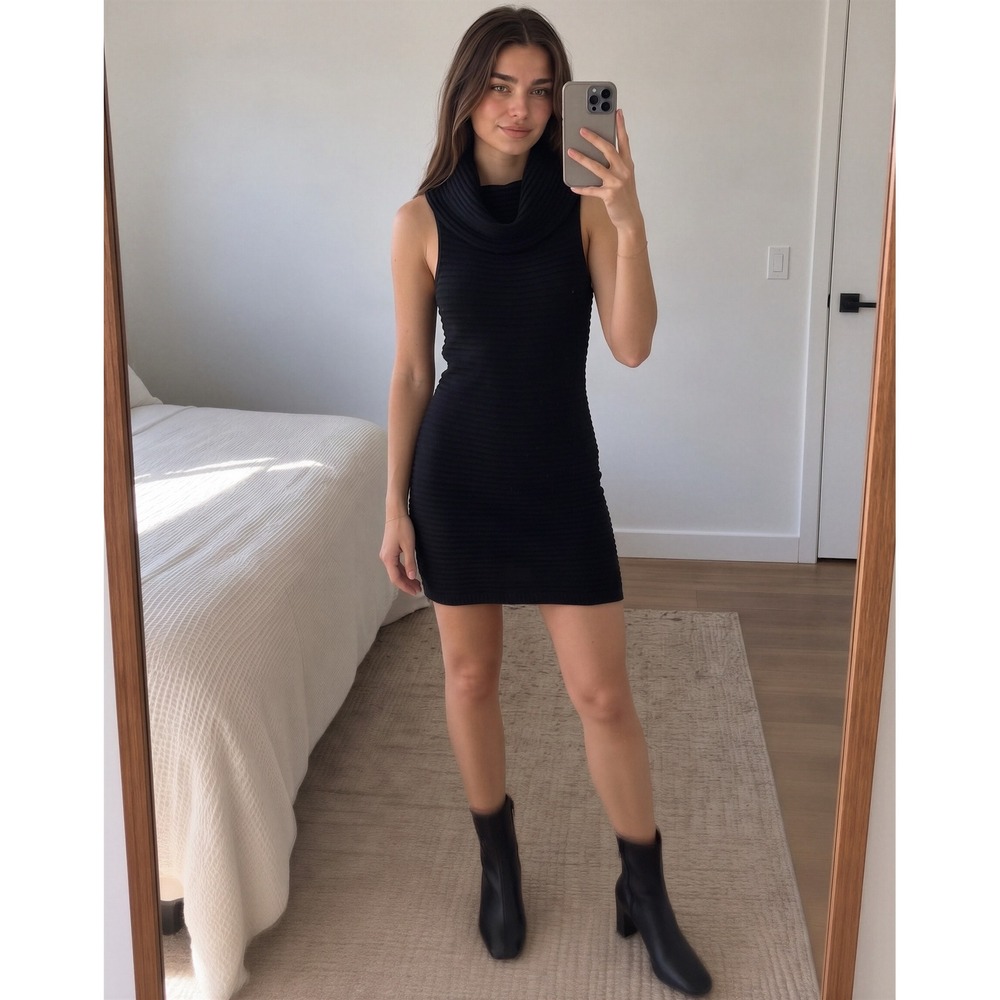 Alice + Olivia Ribbed Dress XS Black Wool Blend Cowl Neck Sleeveless Minimalist
